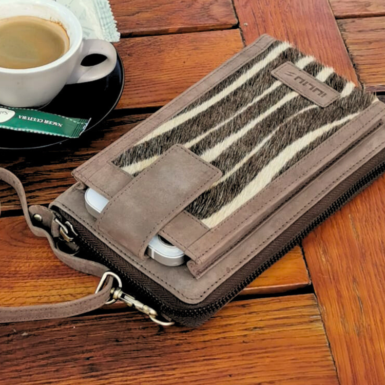 Bolso Cruzado de Cuero para Móvil (Marrón y Cebra)